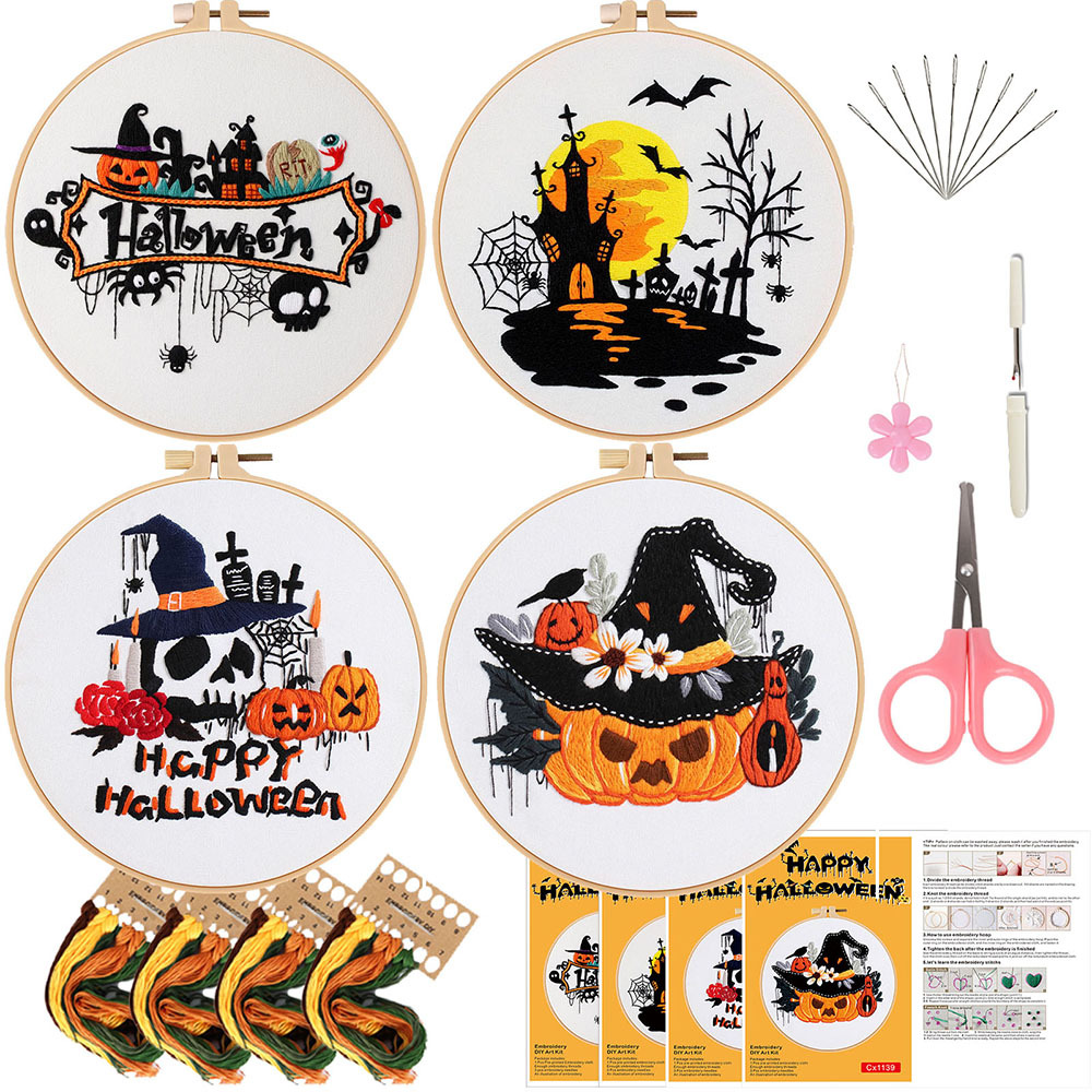 Original nuevo paquete de materiales bordados DIY a mano 2025 Halloween murciélagos calabaza gatos combinación de inglés transfronterizo