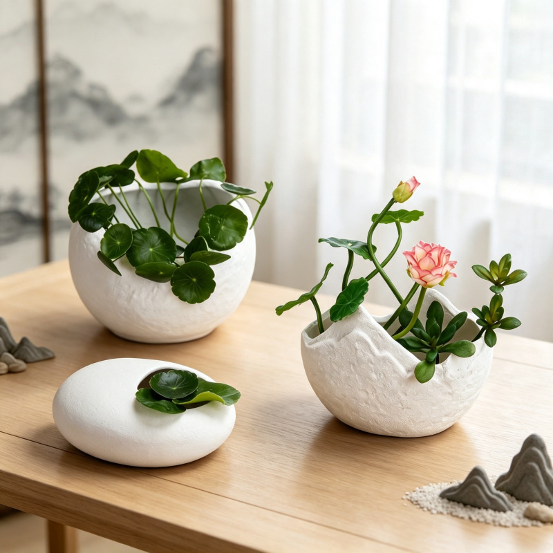 Zen-Inspired White Coarse Pottery Hydroponic Flower Pot with Irregular Eggshell Shape for Pennywort and Lotus, Desktop Landscape Flower Vessel, Empty Pot Zen-Inspired White Coarse Pottery Hydroponic Flower Pot with Irregular Eggshell Shape for Pennywort and Lotus, Desktop Landscape Flower Vessel, Empty Pot