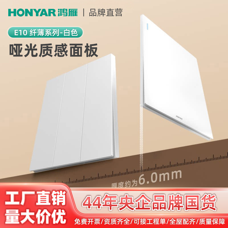 Hongyan Brand Direct Sales Ultra-Thin Switch Socket Matte Skin-Touch 16A Panel 86 Type Five-Hole Household E10 White