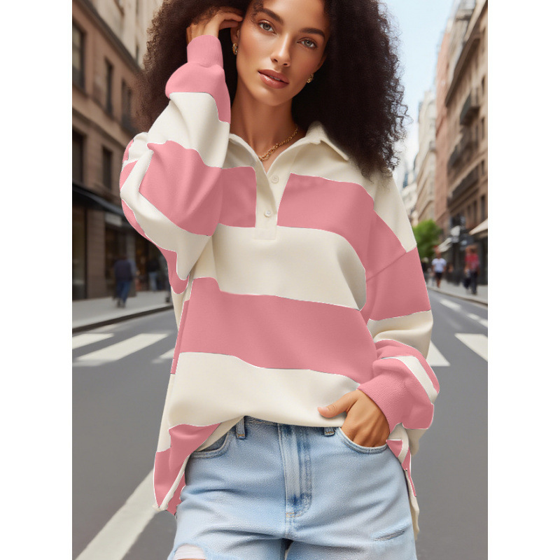 Women's Fashion Striped Sweatshirt with Color-Blocking, Drop Shoulder, Loose Long-Sleeve Top