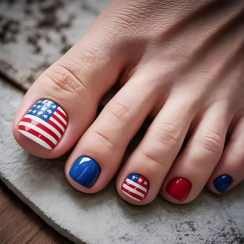 Independence Day Flag Style Wearable Nails, Red, White, and Blue Short Square Fake Toenails, European and American Fashion Toenails