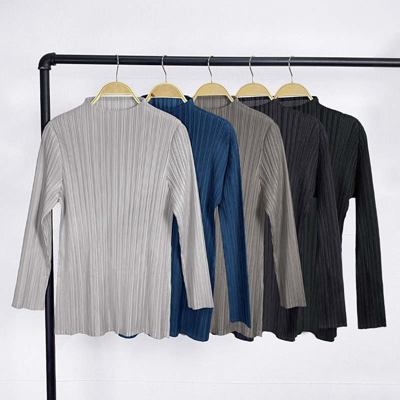 三宅シンプルクラシックプリーツレディース長袖トップス春半袖スタンドカラーTシャツドロップシッピング