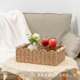 现货跨境新款桌面手工编织收纳筐 仿藤茶几零食化妆品杂物收纳筐