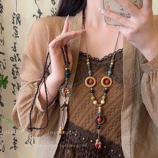 exotic ethnic ceramic beaded woven rope necklace women's Bohemian vintage long pendant sweater chain accessories