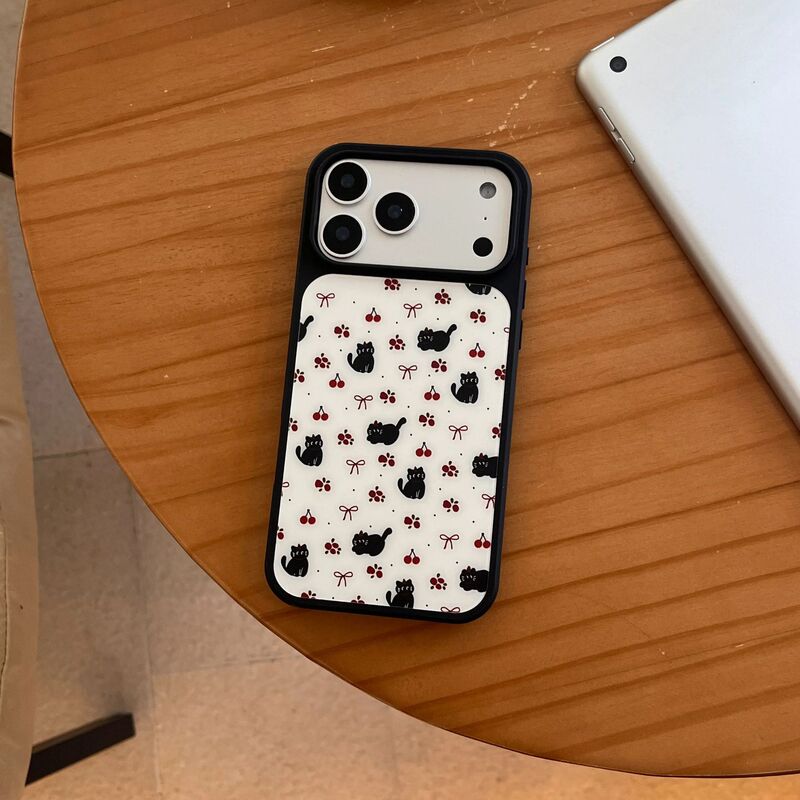 Ins Cherry Bow Black Cat Suitable for Apple 17Promax Mobile Phone Case Ip16/15Plus Frosted Pc Female 14
