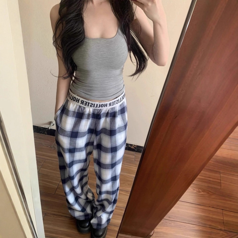 Korean Hollister Small Seagull Plaid Lettered Cuff Tape Casual Versatile Long Pants Pajama Pants Plaid Pants for Women Korean Hollister Small Seagull Plaid Lettered Cuff Tape Casual Versatile Long Pants Pajama Pants Plaid Pants for Women