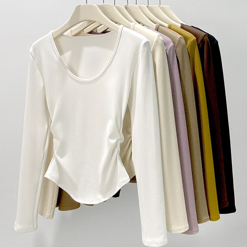 H257 Strict Selection of Coconut Fleece U-Collar Base Shirt Autumn and Winter Sanding Inner T-Shirt Long Sleeve Waist Slim Fit Meat Covering Pleated Top