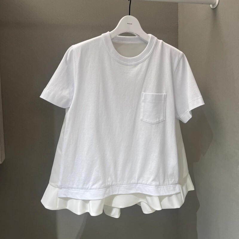 FOG SACAI 25春夏新款拼接荷叶边短袖T恤宽松休闲百搭圆领上衣女|undefined