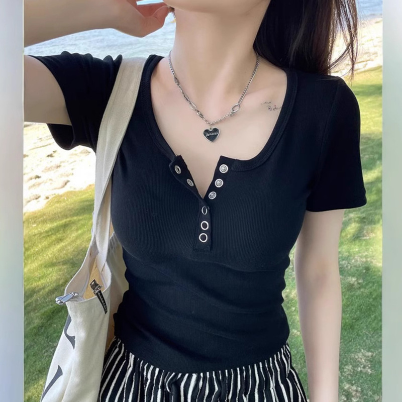 Ins Pure Sexy Button Shoulder Short-sleeved T-shirt Women's Summer Slim-fit V-neck Slim-fit Slim-fit Top Women's T-tide Wholesale