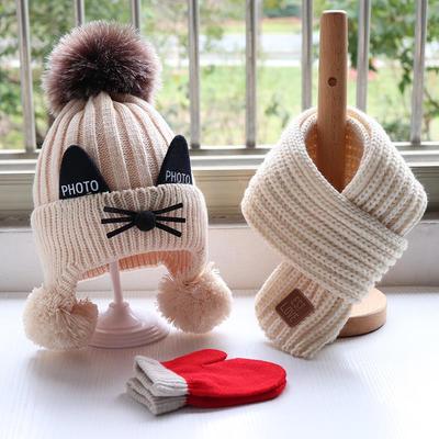 Autumn and winter baby Hat scarf suit children thickening knitting Wool Hat Collar glove lovely Kitty