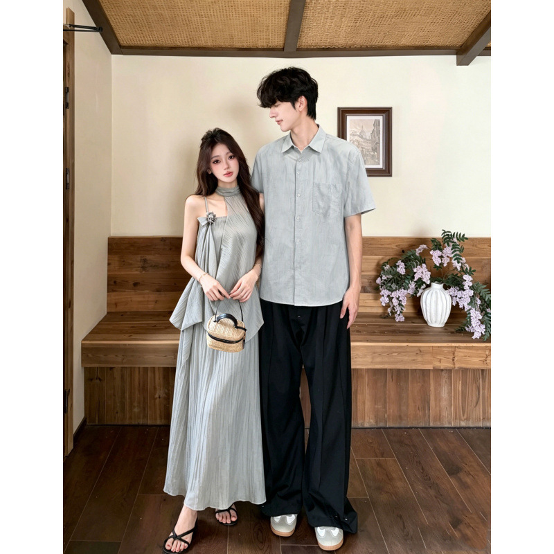 2026 Summer Couple Outfits New Style New Chinese Style Halter Neck Dress Men's Short-Sleeve Shirt Zen Style Elegant Suspender Dress 2026 Summer Couple Outfits New Style New Chinese Style Halter Neck Dress Men's Short-Sleeve Shirt Zen Style Elegant Suspender Dress