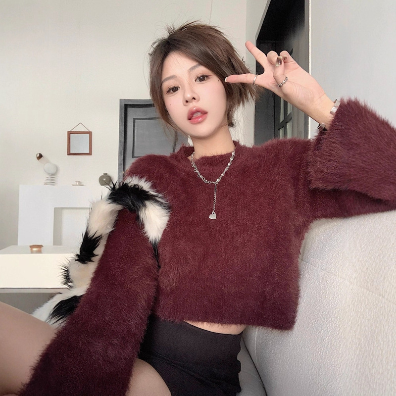 Korean Style Gentle Round Neck Sweater Women's Pullover Autumn and Winter Sexy Soft Waxy Short Mohair Knitted Top for Outer Wear