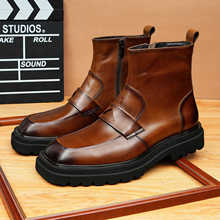 设计师款烟筒切尔西靴侧拉链真皮短靴英伦方头休闲男士厚底皮靴