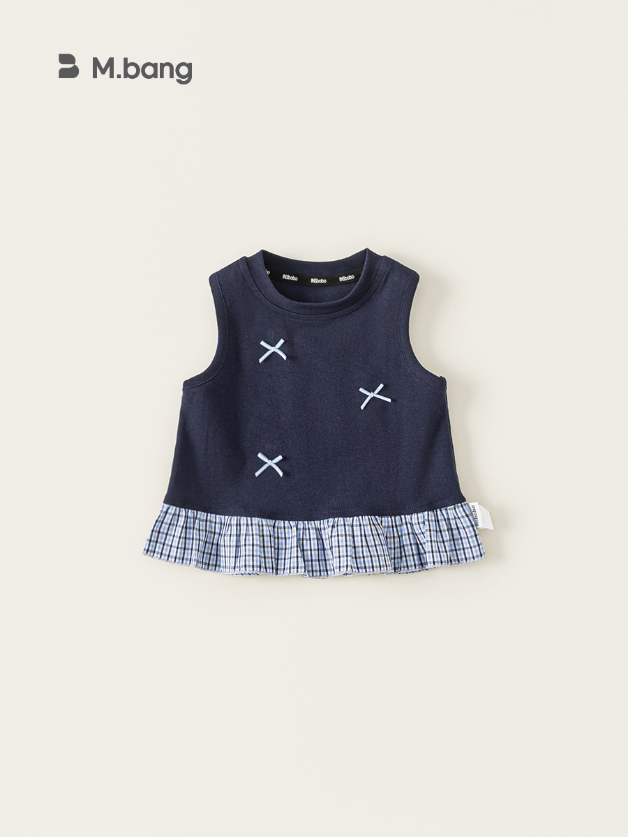 Youbao ropa para niños nuevos productos de verano cuello redondo para niños tops coreanos para niñas a cuadros ropa de patchwork chaleco con lazo