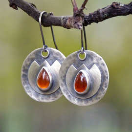 新品跨境复古圆形雕花嵌水滴锆石耳环时尚波西米亚风女士耳饰批发