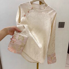 新しい中国式のジャカードの長袖の気質の上着の女性の国風は丸首のtシャツの春のファッションを掛けます。