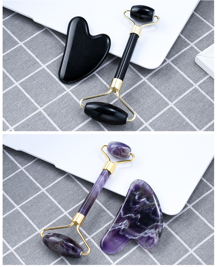 Wholesale natural jade powder crystal cylinder scraping board massage rod face roller jade set universal for full body