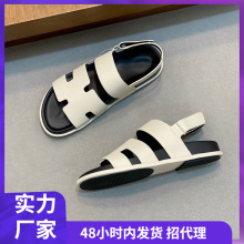 高端手工魔术贴厚底掌纹小牛皮二舅鞋凉鞋露趾拖鞋外穿沙滩鞋