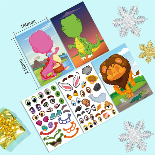 Cross-border fun diy children's stickers focus animal dinosaur elephant panda face changing princess dress up sticker book