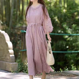 中长款苎麻连衣裙女2025夏季新款文艺复古圆领风琴褶宽松长裙子