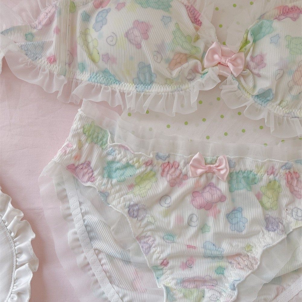 原创发光小乌龟梦幻彩色少女心条纹棉弹力舒适可爱文胸内衣套装