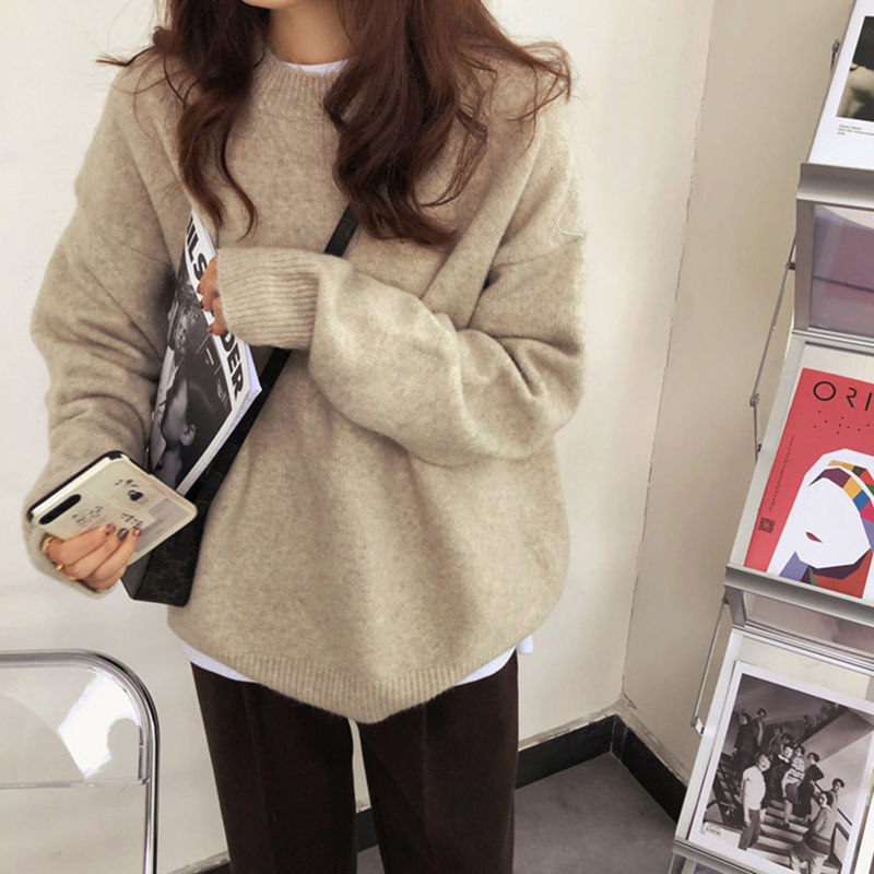 宽松慵懒风圆领毛衣女外穿日系学院针织衫套头上衣配大衣打底内搭|undefined