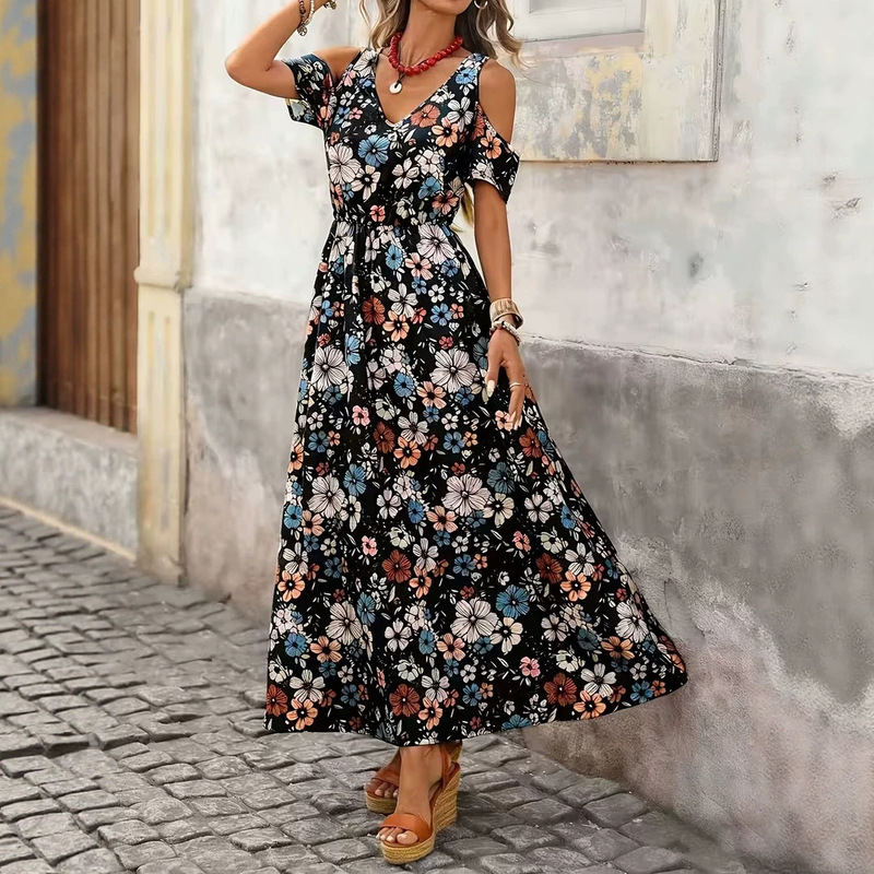 2026 Amazon Cross-Border New European and American Women's Fashion Printed V-Neck Cold Shoulder Long Floral Elegant Dress