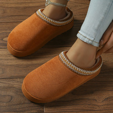 2025跨境新款仿鹿皮绒拼接休闲拖鞋纯色厚底防滑保暖棉拖鞋女批发
