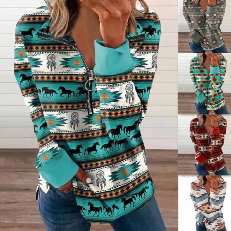 Cross-border supply autumn and winter New Amazon wish European and American Women's Western style zipper sweater 5199 Cross-border supply autumn and winter New Amazon wish European and American Women's Western style zipper sweater 5199