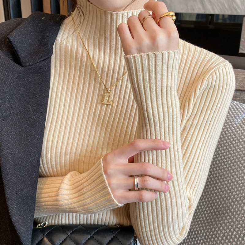 Новый вязаный свитер белого цвета, универсальный полугольф, осенне-зимний топ с рубашкой в ​​западном стиле для женщин