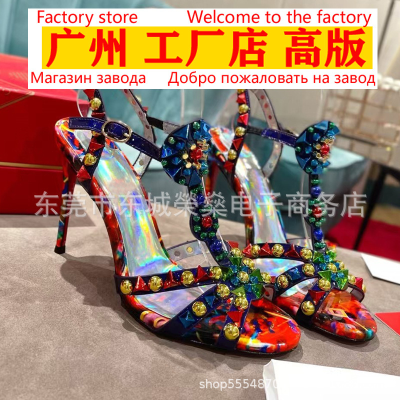 2025 Summer New Style Open-Toe Cross-Strap Studded High-Heeled Sandals for Women, Genuine Leather Thin Heel Iridescent Ankle Strap High Heels
