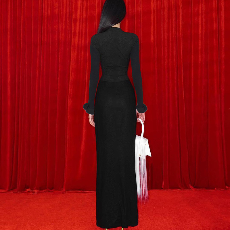 Women Clothing Sexy Deep V Plunge Long Sleeve Solid Color Sexy Double Stitching Pleated Maxi Dress