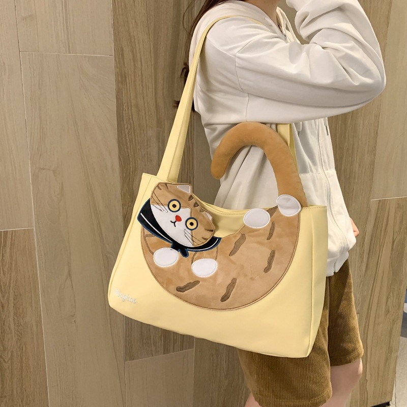 Large capacity cat for women 2024 new ins versatile cartoon shoulder student class tote bag_voghion.com