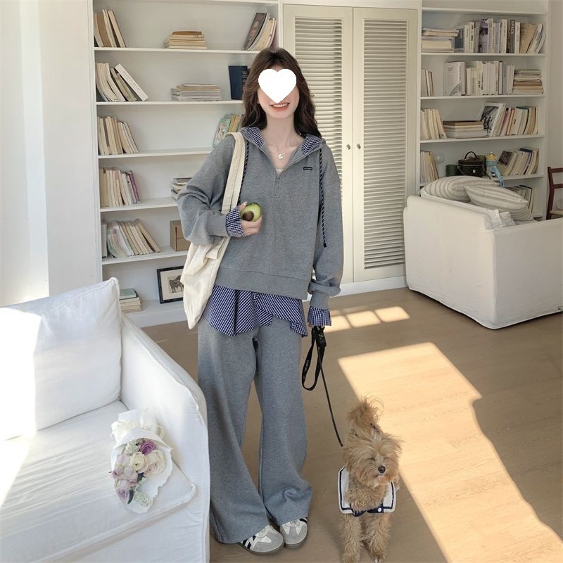 大码学院风休闲运动套装女秋季新款胖MM宽松连帽卫衣阔腿裤两件套|undefined