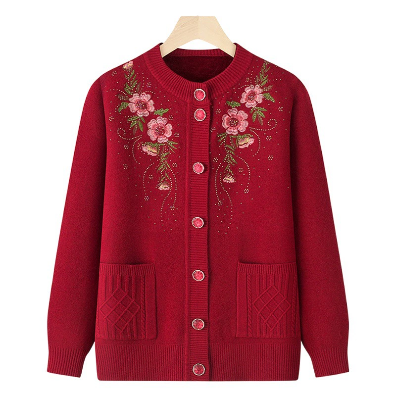 Осенне-зимние мамы среднего и пожилого возраста носят утолщенный шерстяной вязаный свитер 6070-летней бабушки на флисовой подкладке, пальто, топ с вышивкой