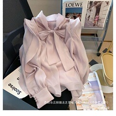 厂家直销法式荷叶边系带蝴蝶结衬衫女春季新款宽松百搭小香风长袖