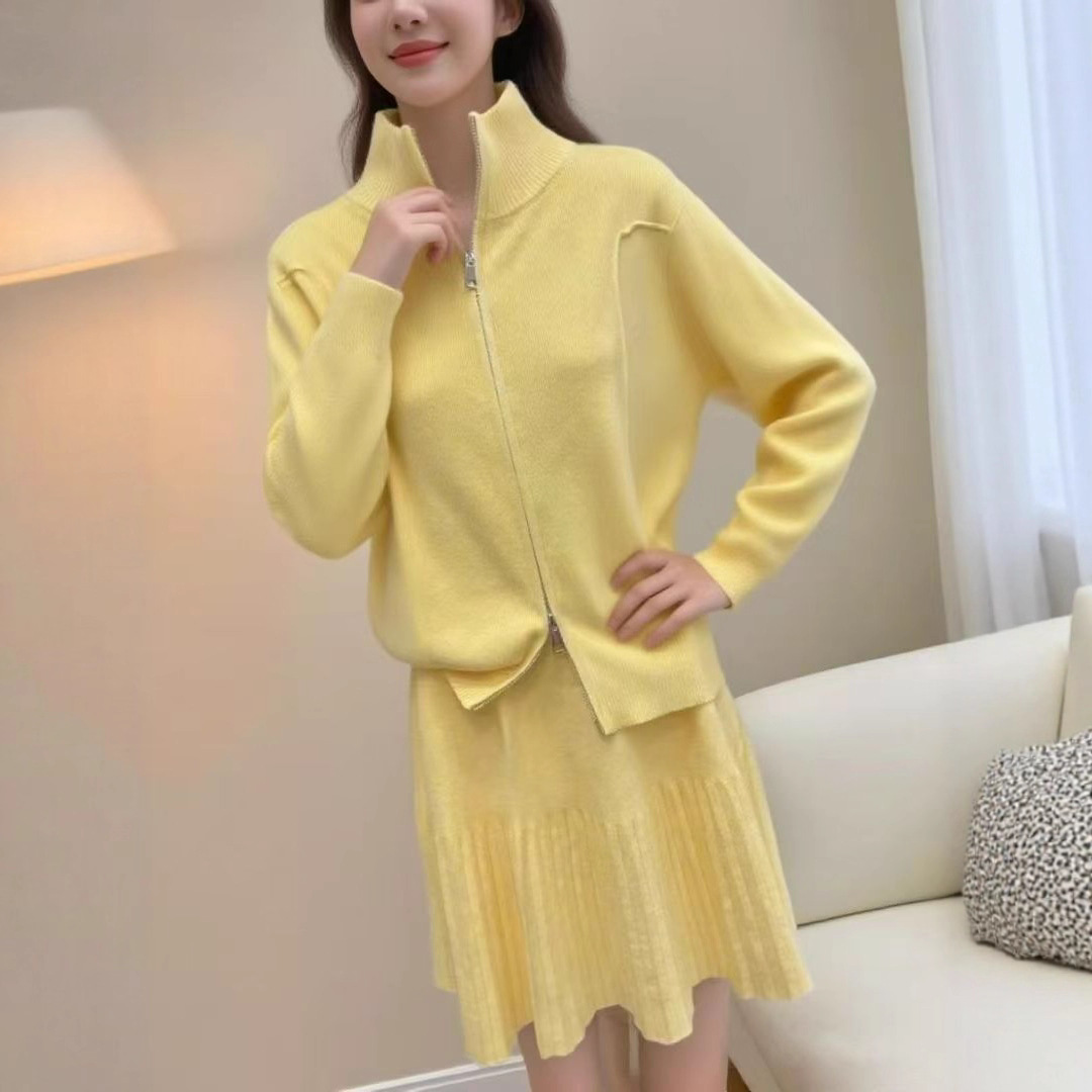 实物拍摄针织两件套女秋冬双拉链毛衣＋高腰百褶短裙学院风套装