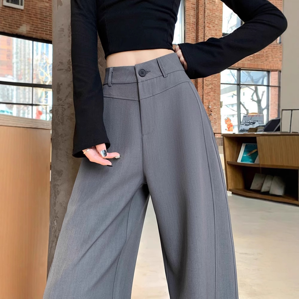 Pantalones de traje gris para mujeres primavera y otoño de alta sensación de caída pantalones de piernas anchas rectos sueltos y delgados pantalones casuales de cimeta