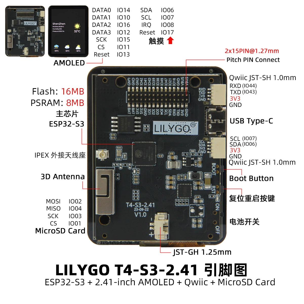 Разработка модуль LILYGO T4‑S3 ESP32‑S3, 2.41" AMOLED тач, Wi‑Fi и Bluetooth, Qwiic