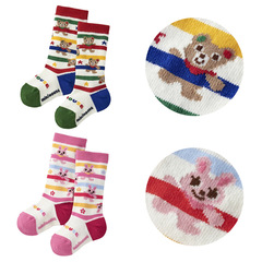 miki兒童襪子 男女童卡通小熊小兔條紋拼色長筒襪寶寶中筒襪