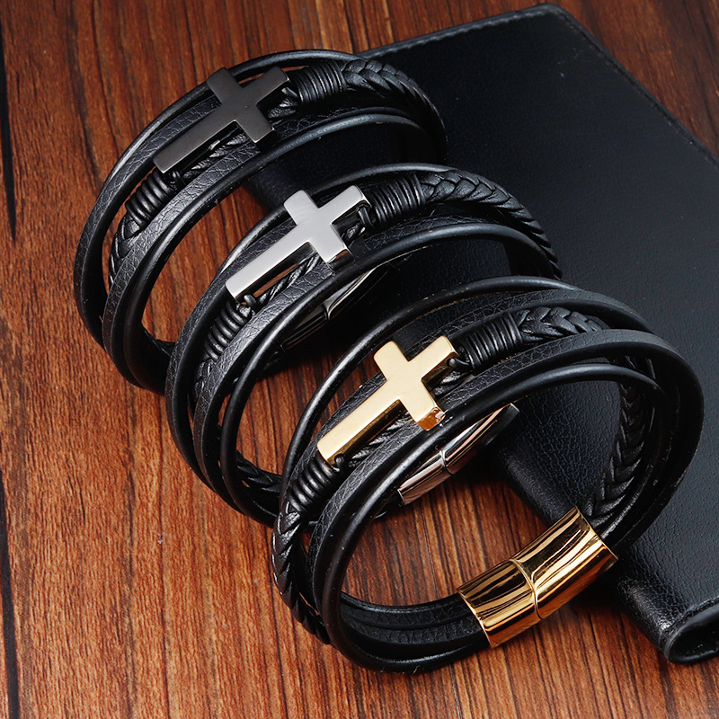 30g Weight Bracelets Classification Leather Chain Material 1 Piece Quantity Daily Occasion Leather, Titanium Steel Material Cross Pattern Men's Gender Layered, Polishing Design Retro, Ethnic Style Style Retro Ethnic Style Cross Leather Titanium Steel Layered Polishing Men's Bracelets Men Cord & Leather Bracelets 3