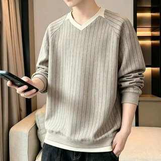 男士假两件V领卫衣春秋新款宽松慵懒风条纹拼接长袖打底衫上衣潮