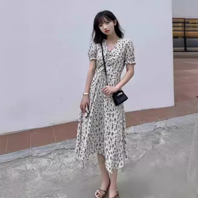 Cross-border wholesale French temperament rose floral dress women's summer new mid-length waist slimming skirt women