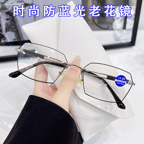 New Fashion Ultra-Light Frameless Reading Glasses High-End Men's Blue Light Blocking Casual Business Polyhedral Lightweight Metal Frame