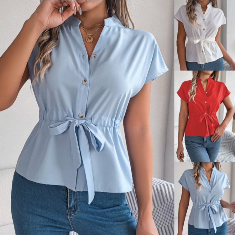2025 Summer Amazon Cross-Border Shirt Short-Sleeved Chiffon V Neck Button-Down Shirt Elegant Belt Style Women's Clothing