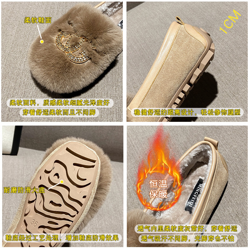 Mocasines Otoño e Invierno de las mujeres con forro polar 2023 nueva moda rhinestone hebilla Rex zapatos de piel de conejo desgaste exterior zapatos planos slip-on image 5