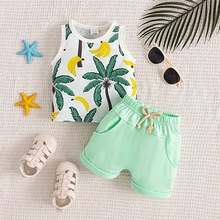 2024夏季新款婴幼男童休闲沙滩风印花背心短裤套装