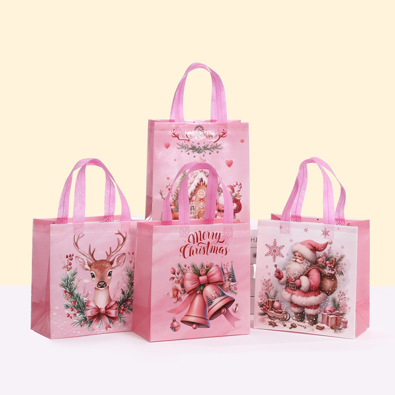 ピンクのクリスマスプリントホリデーギフト包装袋不織布ポータブルギフトバッグショッピングバッグ卸売|undefined