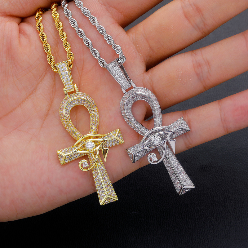 Cross-border Eye of Horus Pendant Ankh Cross Hip-Hop Copper Zircon Real Gold Plated Fashion Pendant Necklace Wholesale