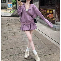 韩风chic减龄穿搭小个子超好看紫色卫衣外套短裙两件套装女2025秋